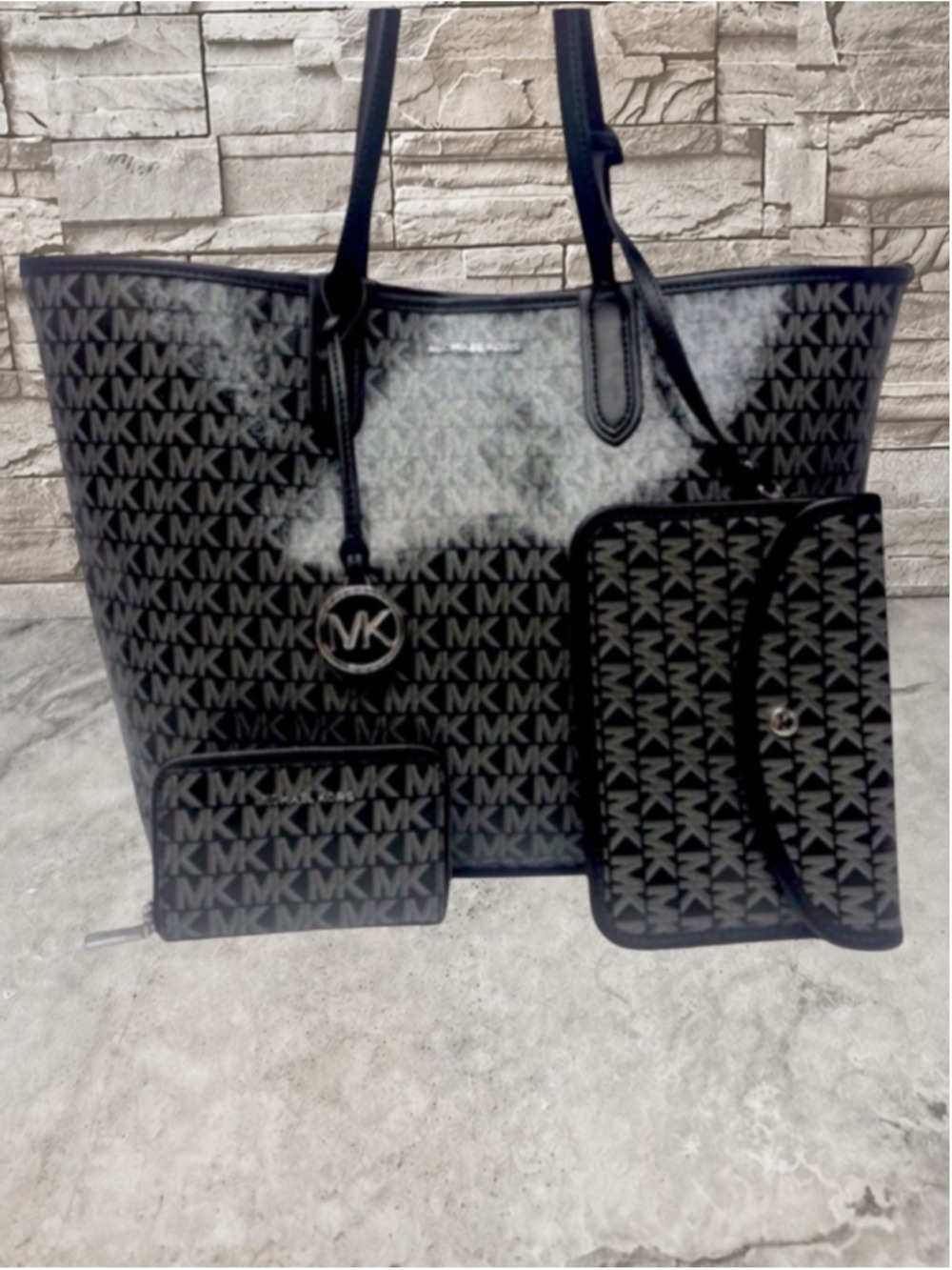 Michael Kors Eliza XL Tote + Pouch & Wallet Set MK Signature Logo Black Metallic - Picture 2 of 10